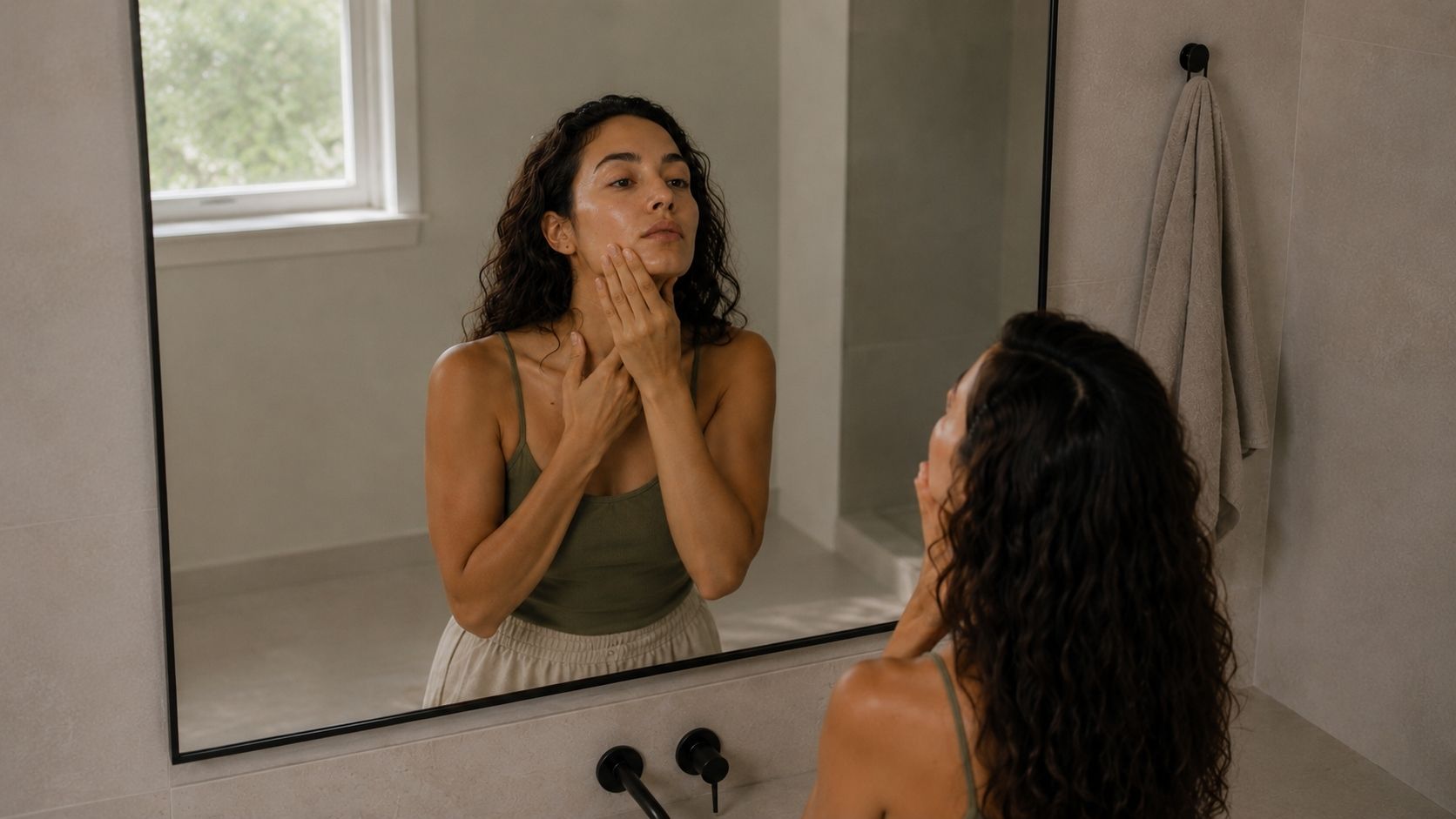 Woman with warm olive skin applying skincare to her face and neck in a minimalist bathroom mirror, soft natural window light illuminating a quiet multi-step skincare routine with relaxed realism.