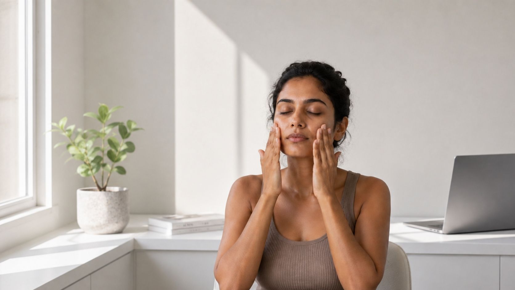 Woman applying lightweight face gel at a minimal desk with soft natural daylight and modern skincare routine.