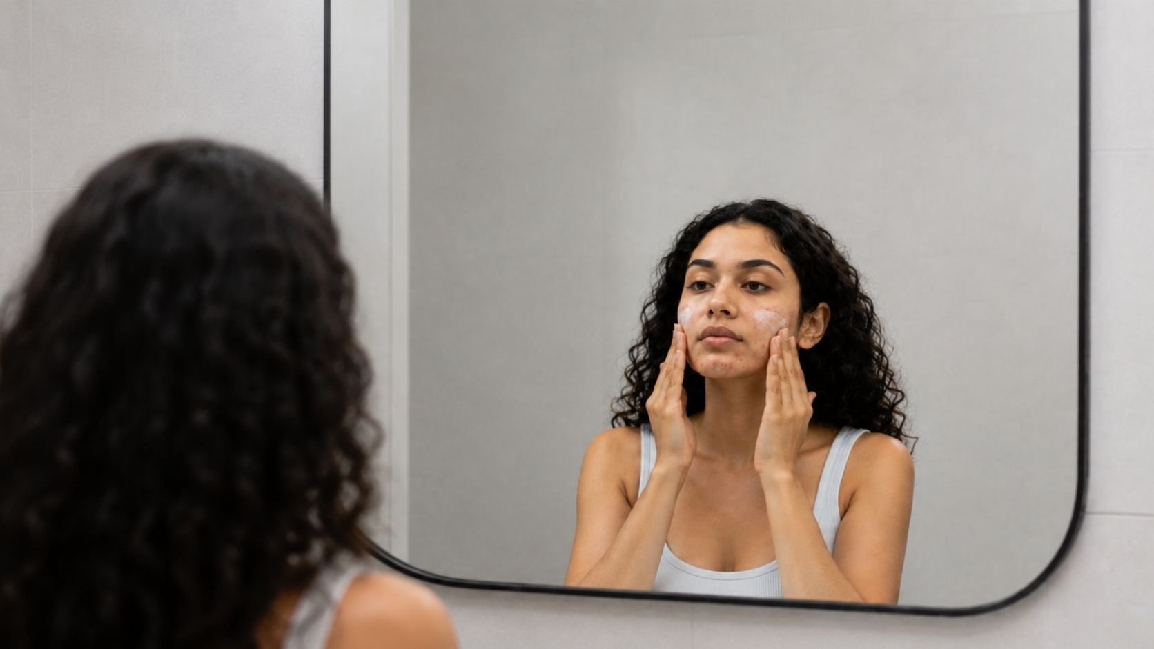 Young woman applying face cream in a minimal bathroom mirror with natural skin texture and soft skincare lighting.