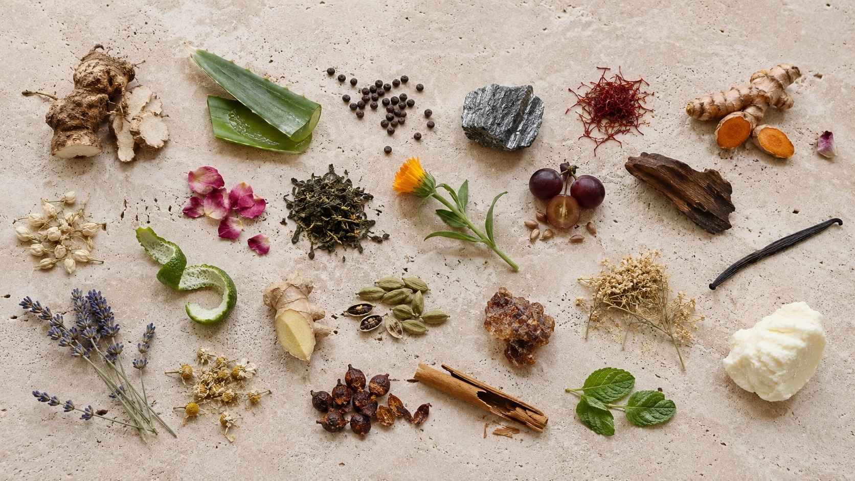 Flat lay of natural skincare ingredients scattered across pale travertine, including aloe, turmeric, lavender, rose petals, green tea, oud wood, saffron, vanilla, chamomile, mint, and shea butter in soft daylight.